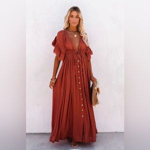 VICI - ANIKA POCKETED BUTTON DOWN RUFFLE MAXI DRESS - TERRACOTTA